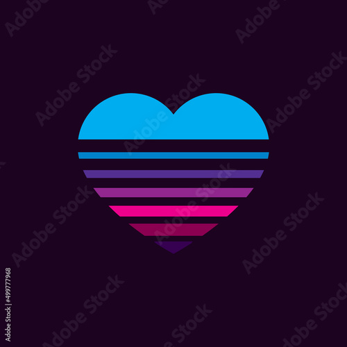 Vintage sunset in the shape of a heart, in the style of the 80s. Vector background. A design element.