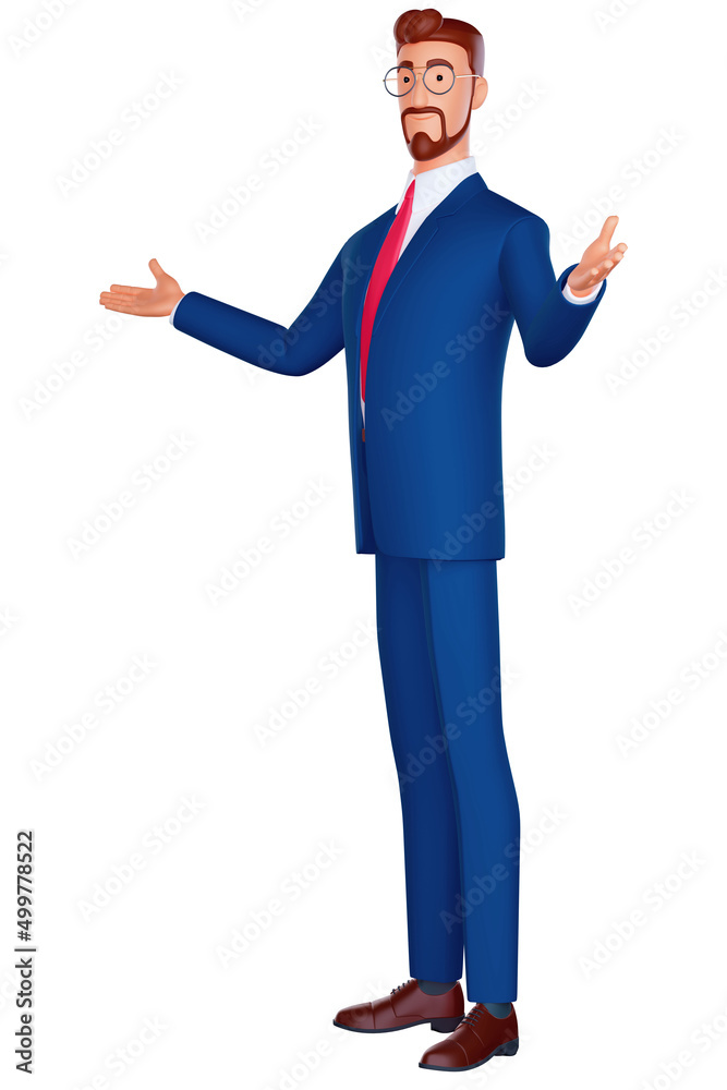 3 d cartoon character. You are welcome. Closeup mature man in a blue