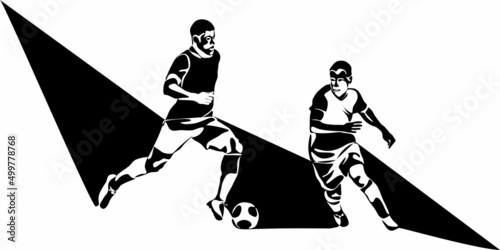 Football, soccer player kicking ball, side view. Isolated vector black and white one continuous line silhouette. Silhouette of football or soccer defender, striker or goalkeeper. Vector clipart 