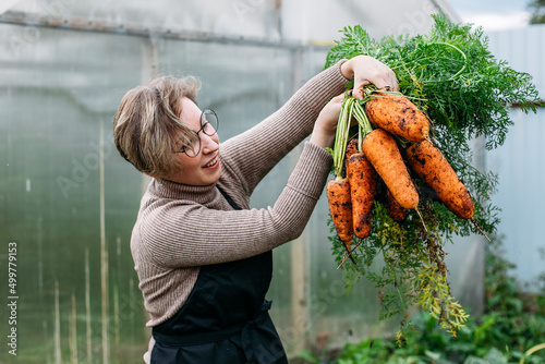 young woman farmer harvesting carrots from the soil