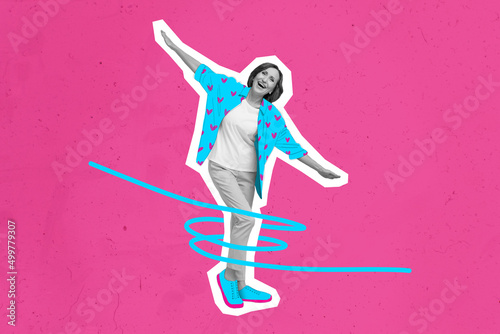 Composite collage illustration of overjoyed carefree aged person dancing isolated on bright pink background