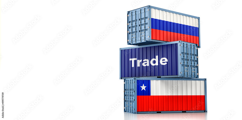 Cargo containers with Chile and Russia national flags. 3D Rendering