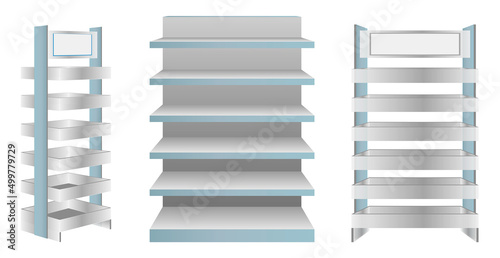 set of realistic shelf retail trade or stand rack shelves for promotion or display rack mock up isolated. eps vector
