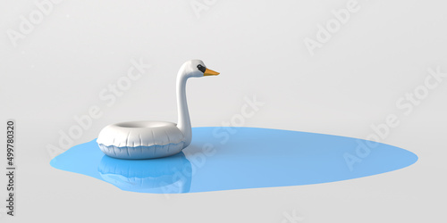 Fototapeta Naklejka Na Ścianę i Meble -  Inflatable swan float floating in a pool of blue water. Summer concept. Copy space. 3D illustration.