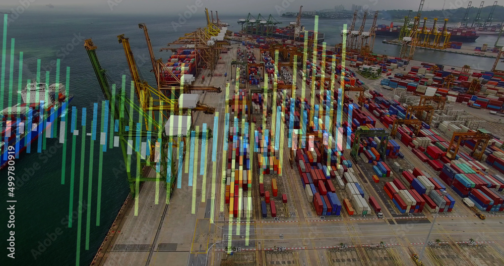 Image of financial data processing over electricity container terminal