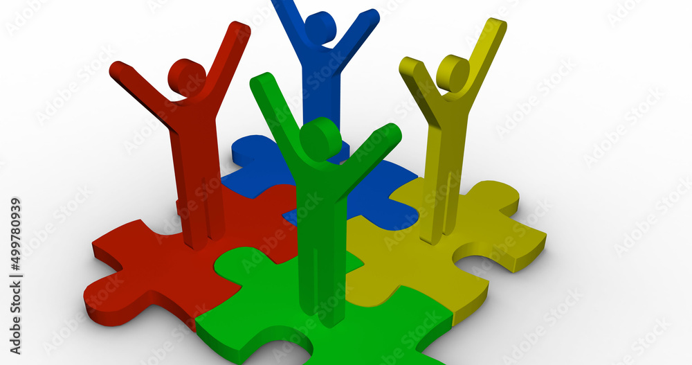 Image of colourful people icons raising hands and standing on colourful puzzle Image of colourful people icons raising hands and standing on colourful puzzle