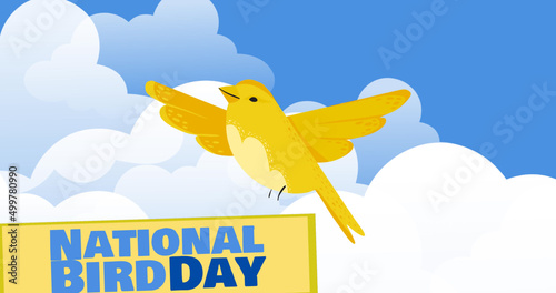 Digital image of national bird day text banner and yellow bird icons against clouds in the sky