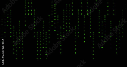 Image of green binary coding data processing over black background