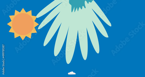 Image of illustration of parrot flying over clouds on blue background