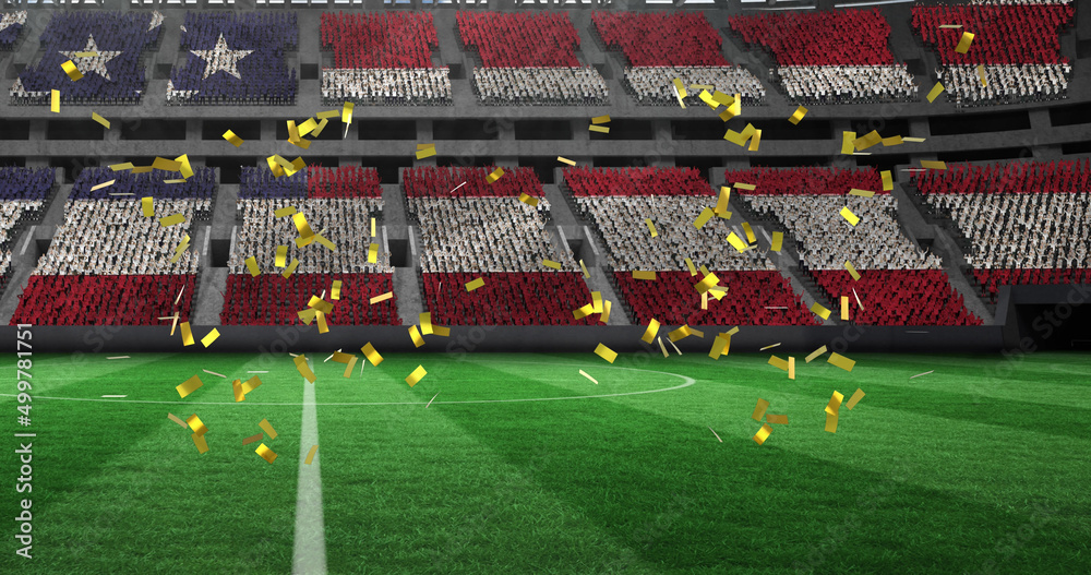 Obraz premium Image of gold confetti falling over flag of united states of america in sports stadium