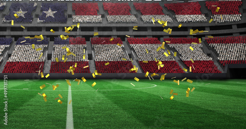Image of gold confetti falling over flag of united states of america in sports stadium © vectorfusionart