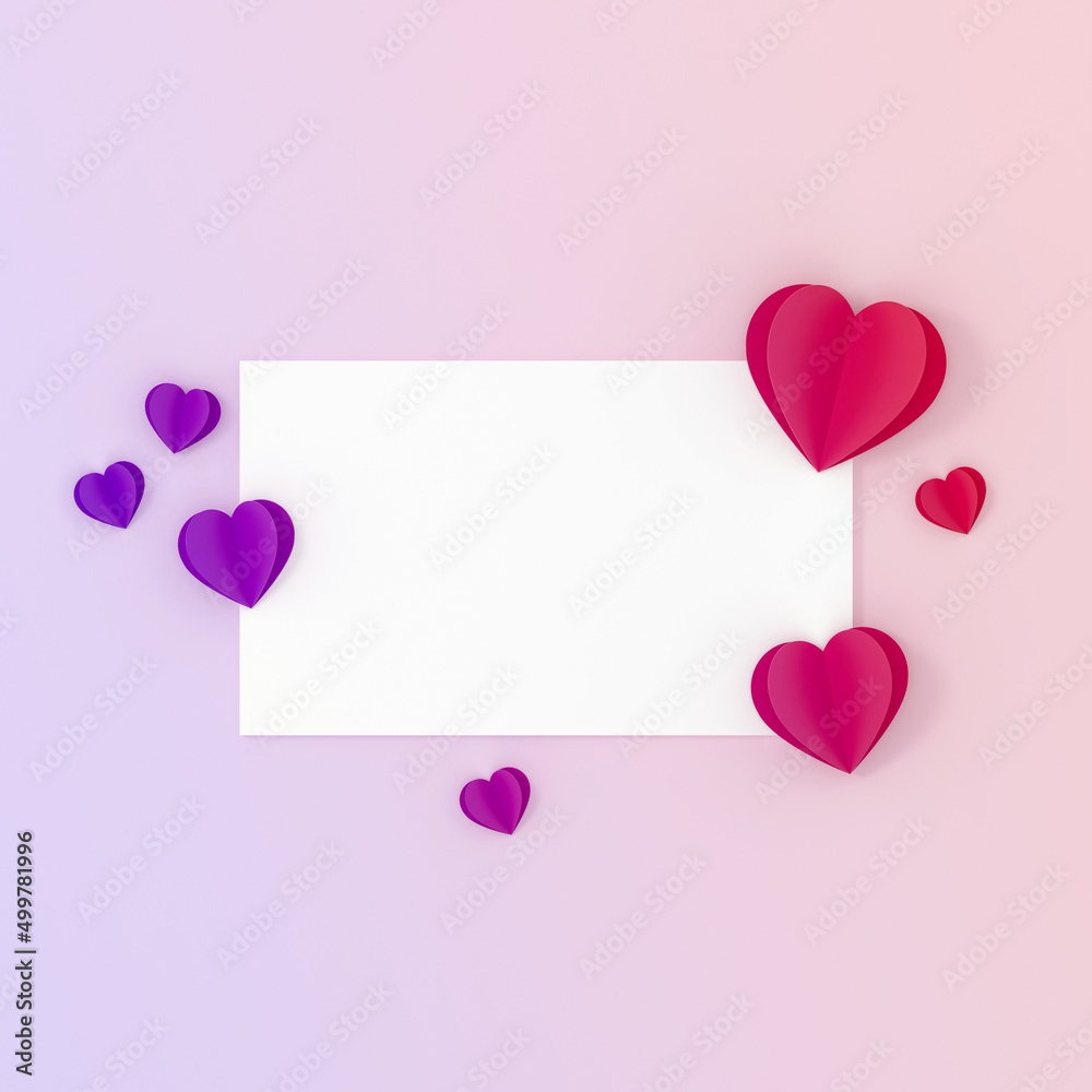 Card with paper hearts on gradient background. Valentines, mom or woman day concept.