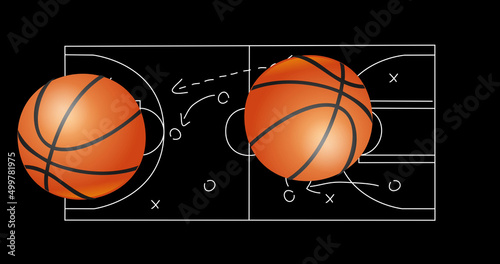 Image of basketballs over drawing of game plan on black background