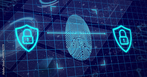 Image of fingerprint over data processing on blue background
