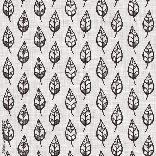 French grey botanical leaf linen seamless pattern with 2 tone country cottage style motif. Simple vintage rustic fabric textile effect. Primitive modern shabby chic kitchen cloth design.