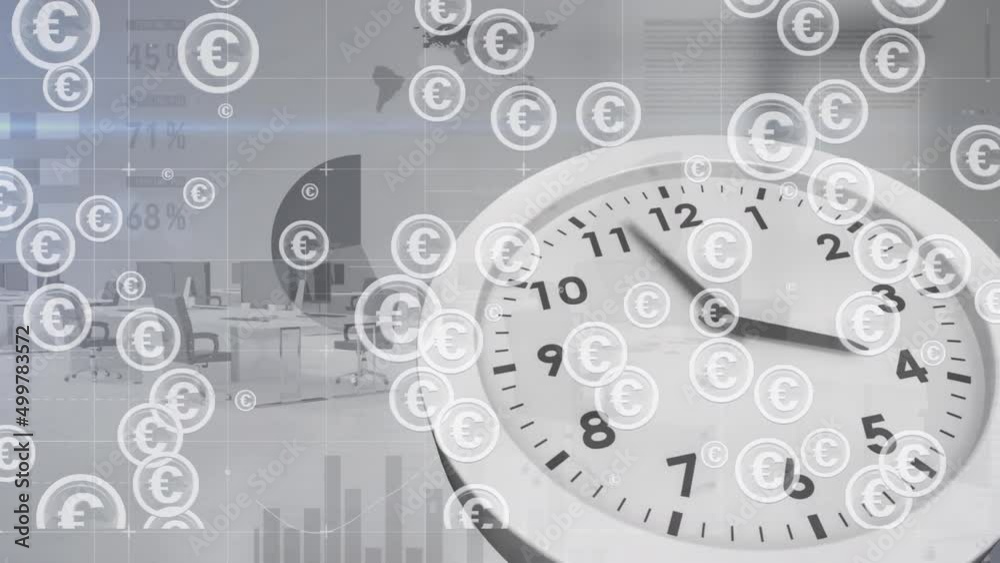 Animation of clock and data processing over euro symbols