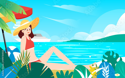 Summer seaside beach and people basking in the sun  vector illustration
