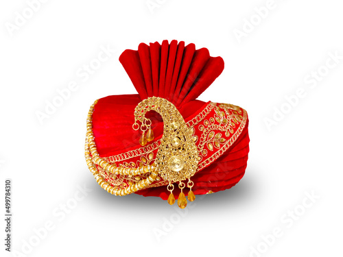 Indian Wedding safa/Turban/pagdi for Men Golden Color Dulha Marriage pagdi for Bridegroom in White Background. photo