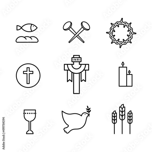 Holy Week icon set. Black outline. Vector illustration, flat design