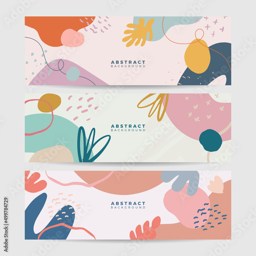 Set of earth tone colorful minimal organic floral leaves hand drawn abstract banner background in boho style.