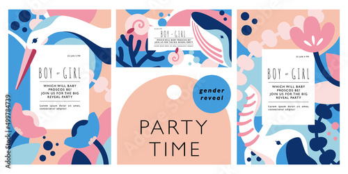 Set of templates for gender party invitation. Vertical and horizontal designs with crane, elephant, whale on background of flowers. Vector illustration