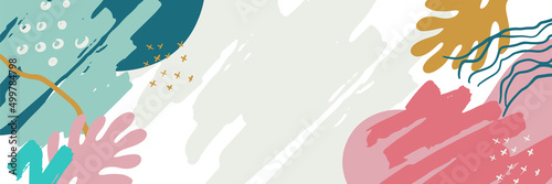 Abstract art background vector. Minimal style wallpaper with line art flower and botanical leaves, Organic shapes, Watercolor. Vector background for banner, poster, Web and packaging.