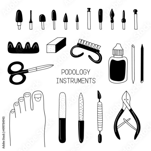 Pedicure tools and products doodle vector illustration set. Isolated on white background.