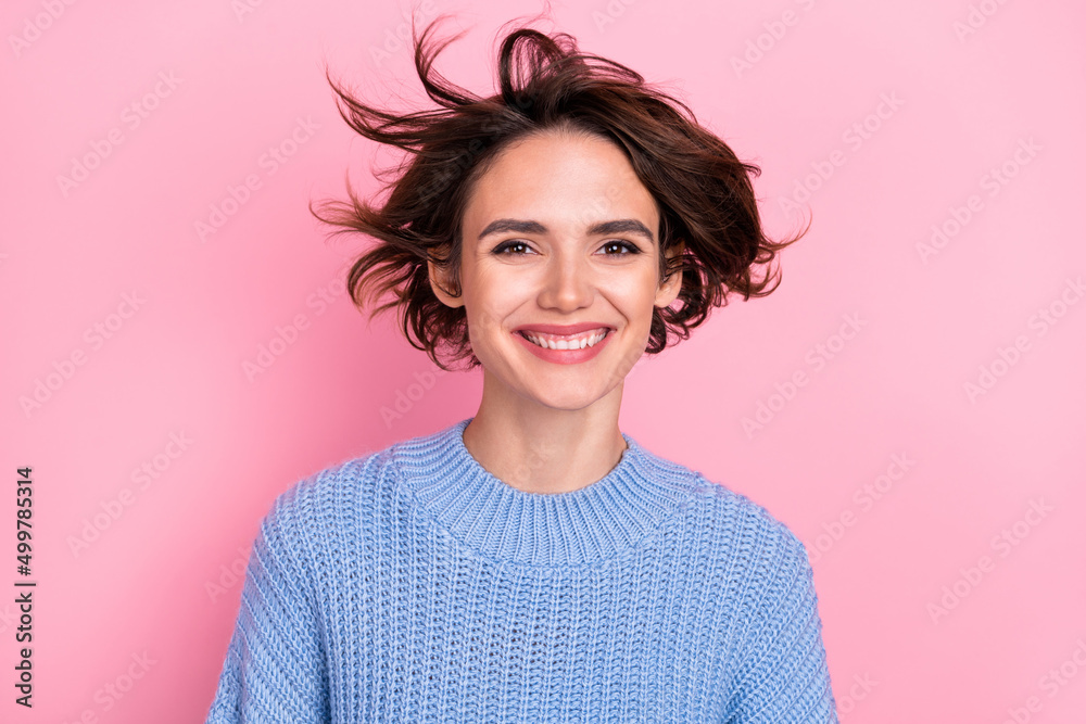 Portrait of adorable satisfied girl toothy beaming smile look camera isolated on pink color background Portrait of adorable satisfied girl toothy beaming smile look camera isolated on pink color background
