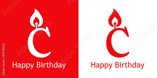 Logo con texto Happy Birthday con letra C con forma de vela en fondo rojo y fondo blanco