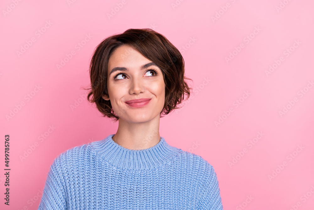 Portrait of adorable positive lady look blank space thinking dreaming see promotion isolated on pink color background Portrait of adorable positive lady look blank space thinking dreaming see promotion isolated on pink color background