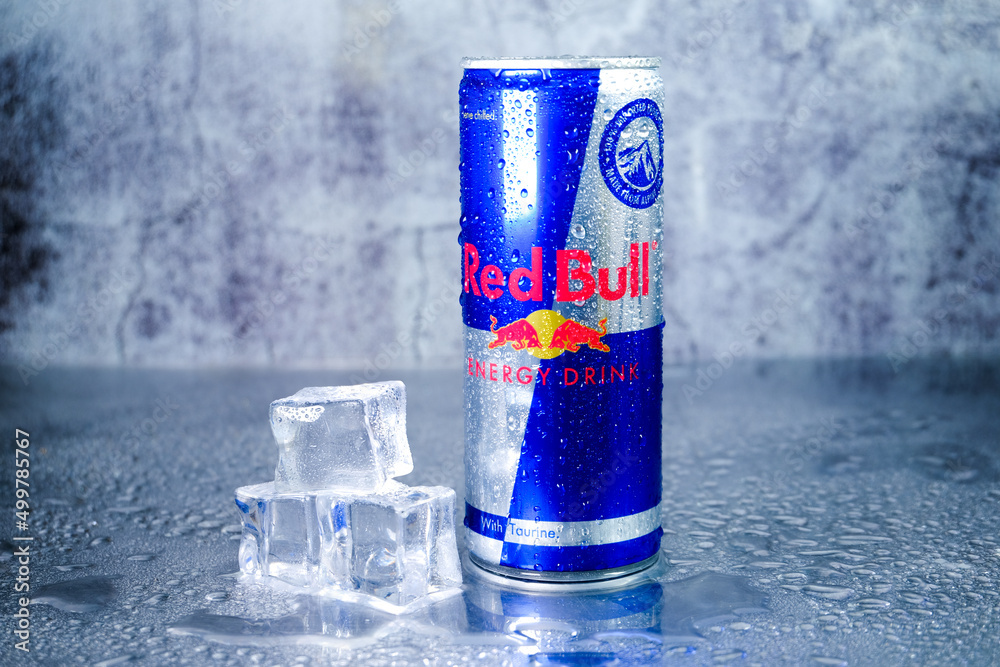 A picture of cold Red Bull Energy Drink with cold ice insight. Red Bull