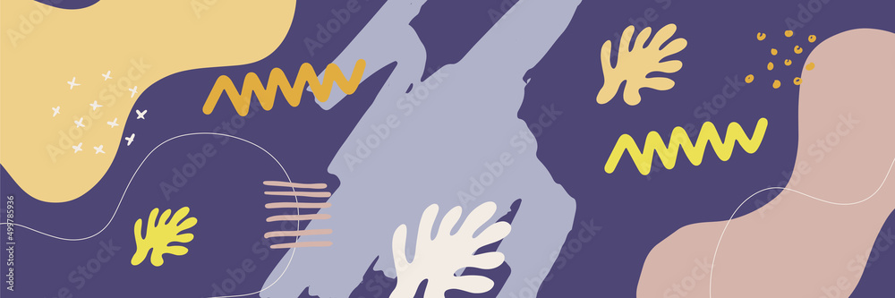 Obraz premium Beautiful pastel social media banner template with minimal abstract organic shapes composition in trendy contemporary collage style. Modern colorful vector hand drawn organic shapes and textures
