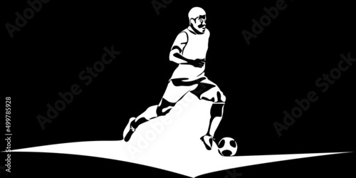 Football, soccer player kicking ball, side view. Isolated vector black and white one continuous line silhouette. Silhouette of football or soccer defender, striker or goalkeeper. Vector clipart 