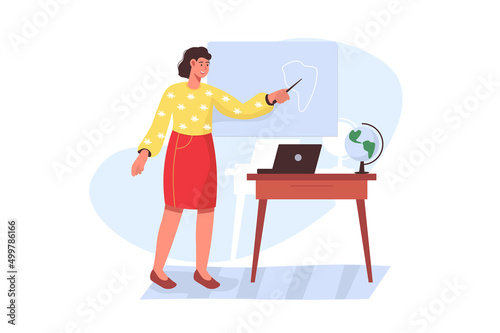 School teacher concept in flat design. Happy woman tutor with pointer showing to map on blackboard. Teacher explaining geography lesson in classroom. Vector illustration with people scene for web