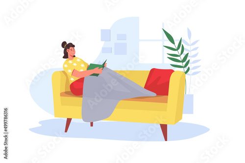 People reading book concept in flat design. Happy woman reading novel while sitting on cozy sofa at home. Young girl reader enjoys literature at leisure. Vector illustration with people scene for web