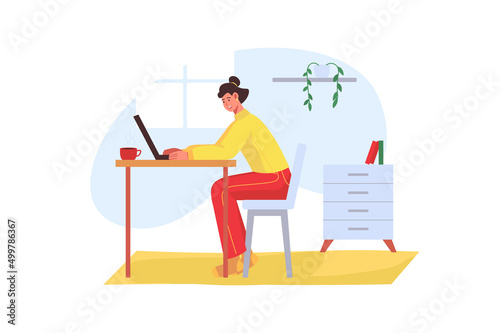 Freelance worker concept in flat design. Happy woman working on laptop while sitting at table at home. Freelancer performs tasks and communicates online. Vector illustration with people scene for web