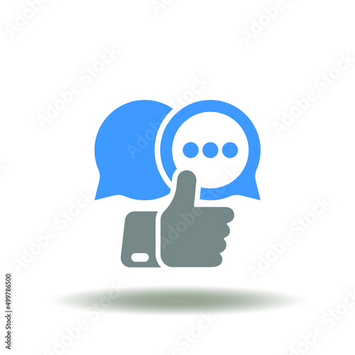 Vector illustration of speech bubble with thumb up. Icon of PR Public Relations. Symbol of client assessment, satisfaction.