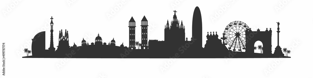 Illustration of a silhouette of a city Barcelona. - obrazy, fototapety, plakaty 