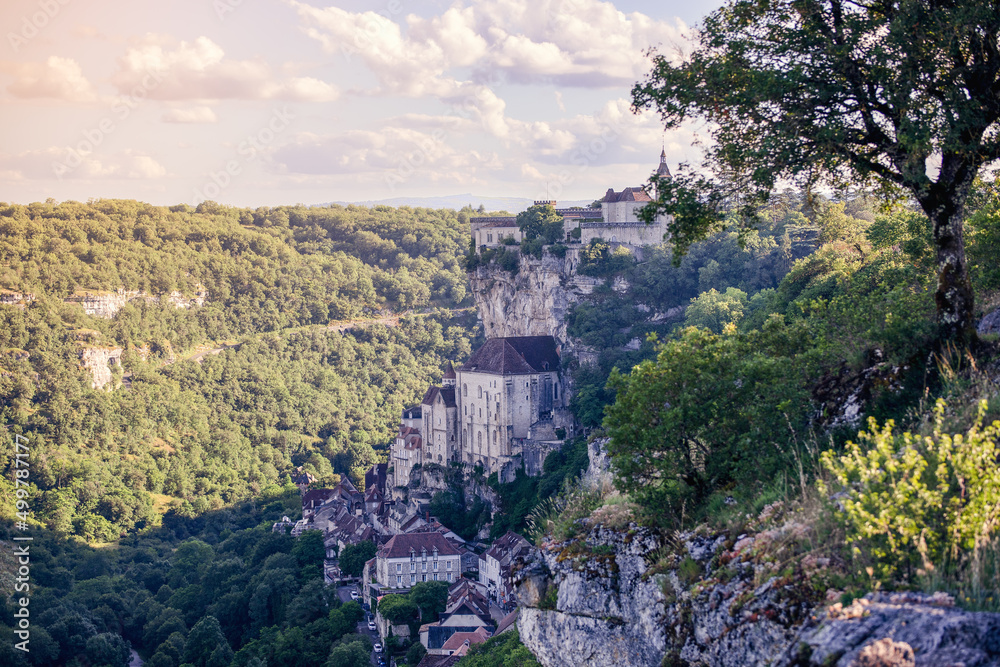 View of ancient rock city of Rocamadour and its famous religious shrines. Lot, Occitania, Southwestern France