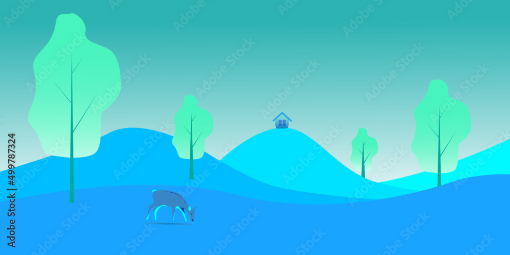 only blue colour forest with 4 trees 1 small hut and a cute dear eating grass on earth..