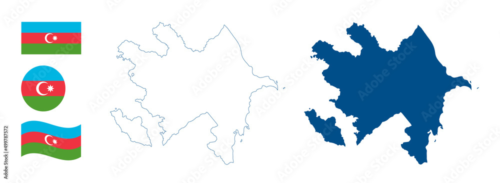 Obraz premium Azerbaijan map. Detailed blue outline and silhouette. Country flag. Set of vector maps. All isolated on white background. Template for design and infographics.
