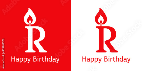 Logo con texto Happy Birthday con letra R con forma de vela en fondo rojo y fondo blanco