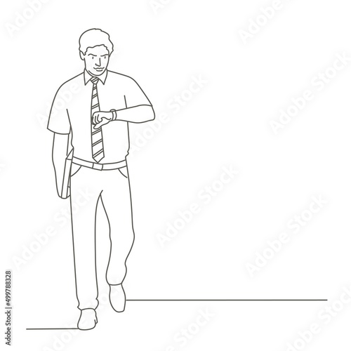 Businessman looks at his watch on his hand and walks.