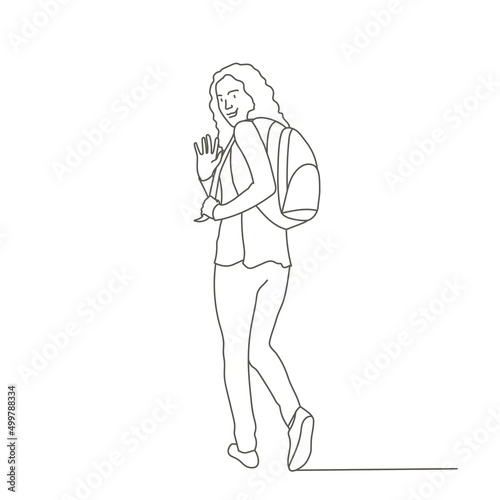 Young woman waving with hand, saying bye and leaving.