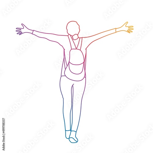 Young woman with holding arms up. Travel concept. Rainbow gradient.