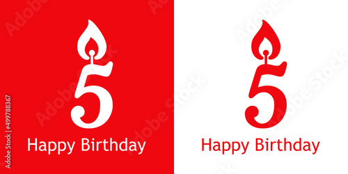 Logo con texto Happy Birthday con número 5 con forma de vela en fondo rojo y fondo blanco
