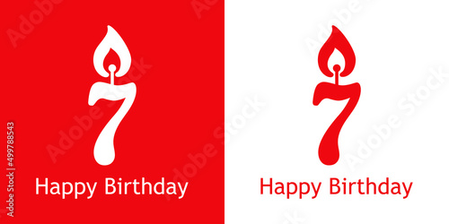 Logo con texto Happy Birthday con número 7 con forma de vela en fondo rojo y fondo blanco
