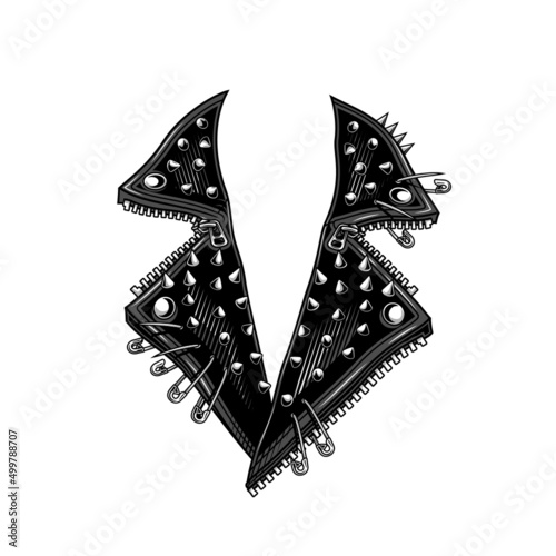 Leather jacket collar template. Vector illustration in engraving technique of spiked collar. Isolated on white.