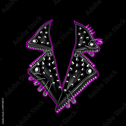 Leather jacket collar template. Vector illustration in engraving technique of spiked collar. Isolated on white.