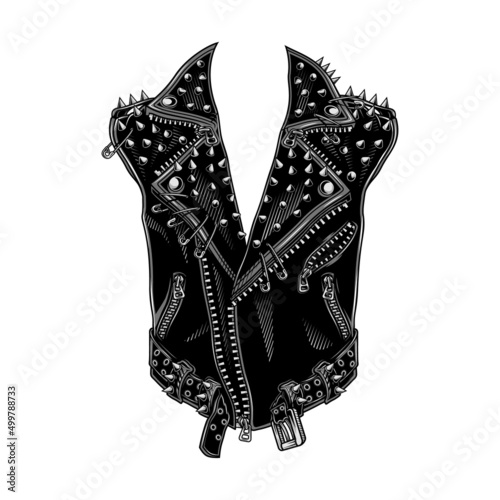 Spiked leather jacket template. Vector illustration in engraving technique of biker jacket with spikes and pins. Isolated on white.